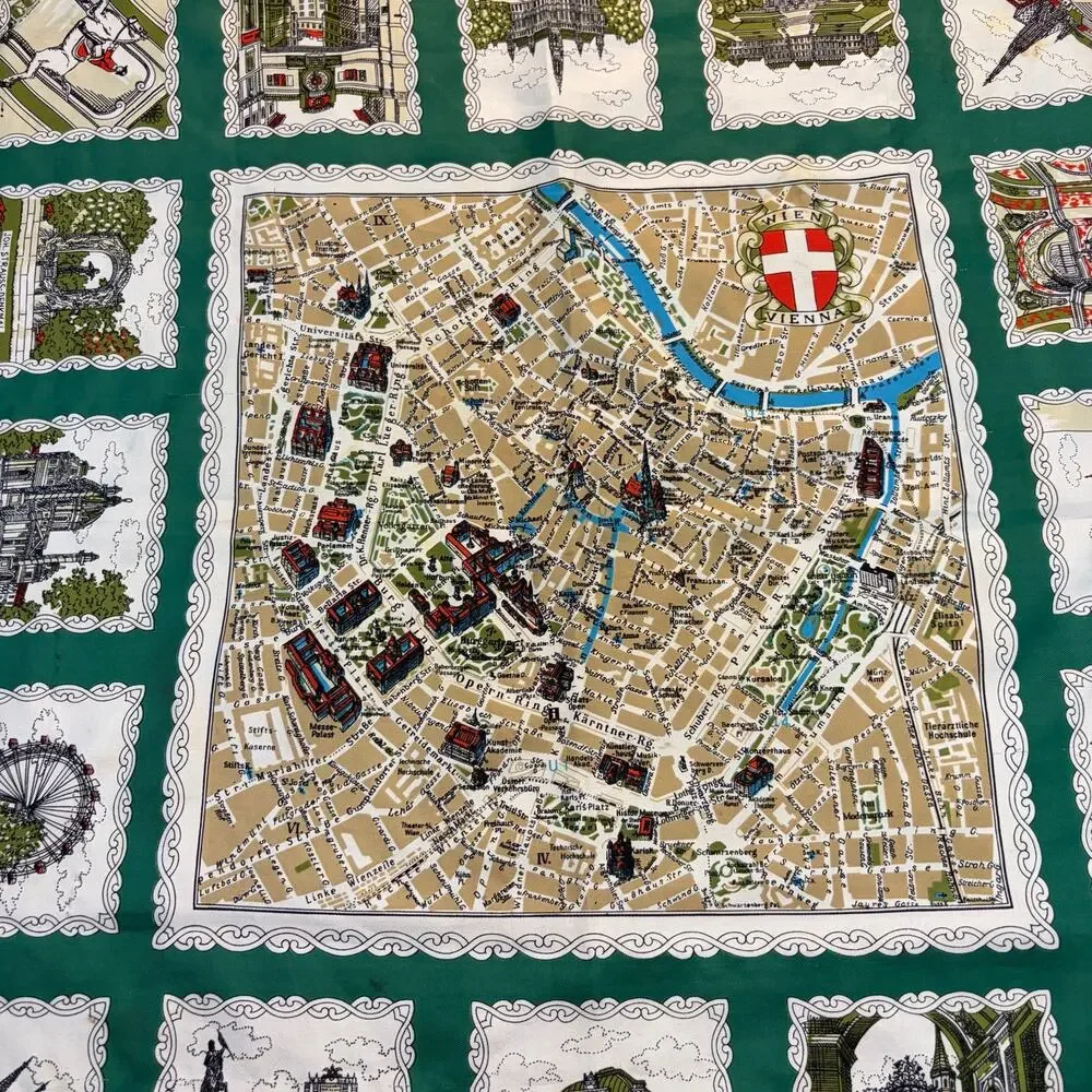 Vintage Striessnig Wien Germany Rhine River Castles Map Polyester Scarf Green